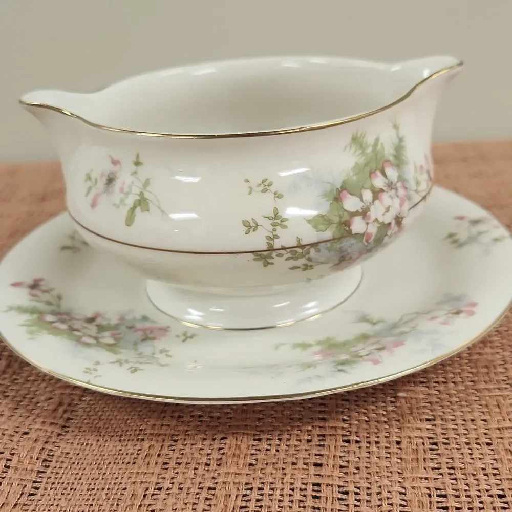 Vintage Theodore Haviland Apple Blossom Gravy Boat with Saucer